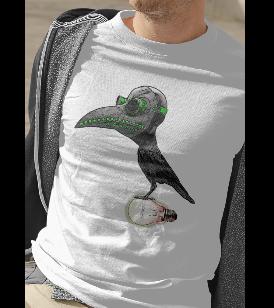 Bird In Plague Doctor Mask Perched On Light Bulb T-Shirt