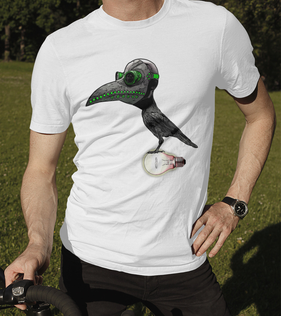 Bird In Plague Doctor Mask Perched On Light Bulb T-Shirt
