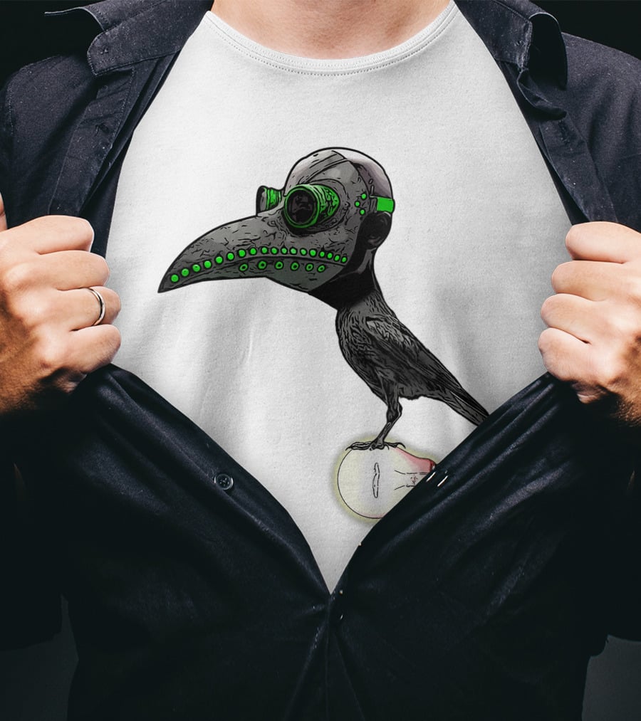Bird In Plague Doctor Mask Perched On Light Bulb T-Shirt