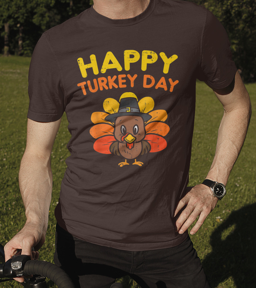 Happy Turkey Day Cute Thanksgiving Pilgrim Turkey T-Shirt