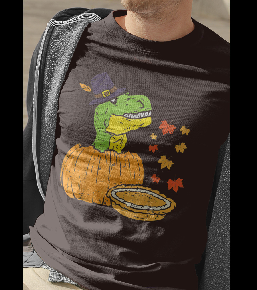 Pilgrim Trex Dinosaur Pumpkin Leaves Pie T-Shirt