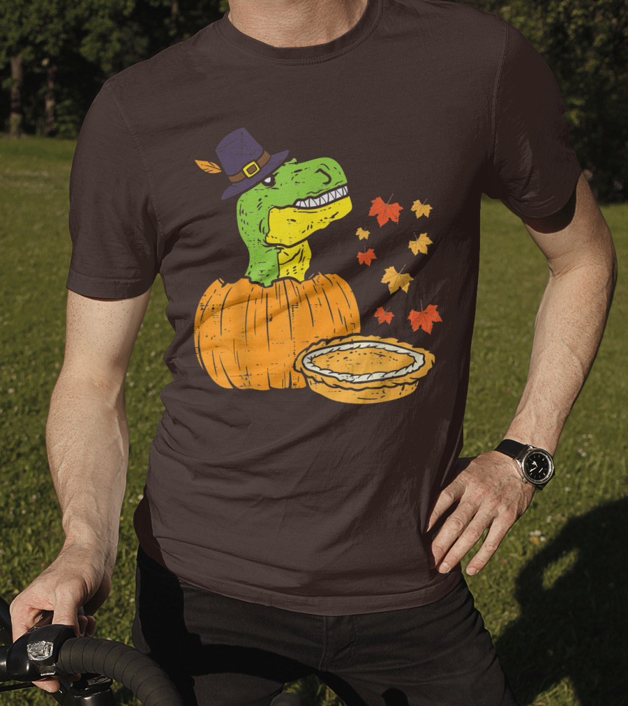 Pilgrim Trex Dinosaur Pumpkin Leaves Pie T-Shirt