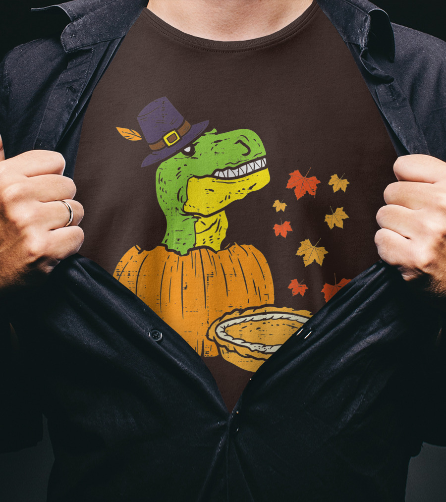 Pilgrim Trex Dinosaur Pumpkin Leaves Pie T-Shirt