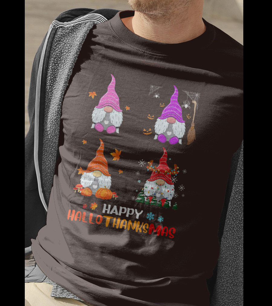 Happy Hallothanksmas Gnome Halloween Thanksgiving Christmas T-Shirt