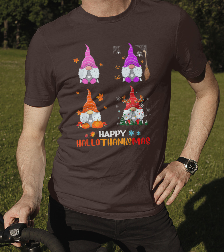 Happy Hallothanksmas Gnome Halloween Thanksgiving Christmas T-Shirt