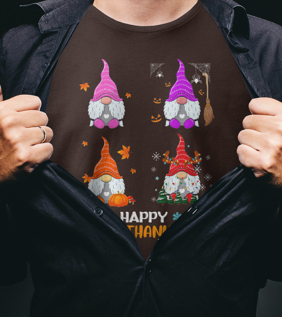 Happy Hallothanksmas Gnome Halloween Thanksgiving Christmas T-Shirt