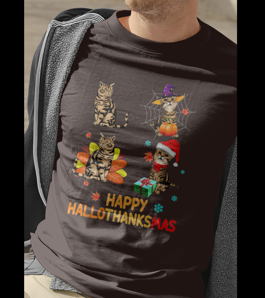 Happy Hallothanksmas Cats With Pumpkin, Autumn Leaves, Santa Hat, And Gift T-Shirt
