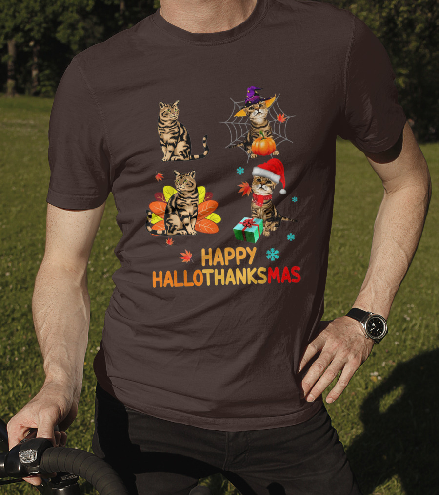 Happy Hallothanksmas Cats With Pumpkin, Autumn Leaves, Santa Hat, And Gift T-Shirt