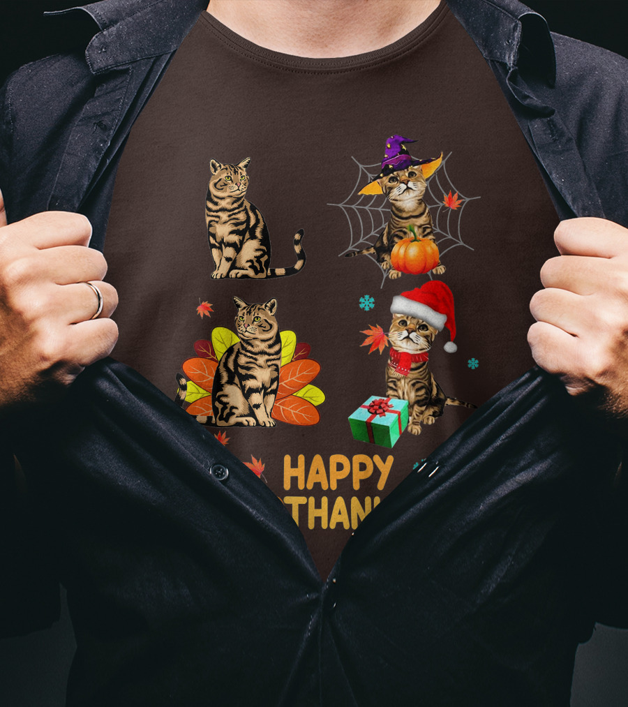 Happy Hallothanksmas Cats With Pumpkin, Autumn Leaves, Santa Hat, And Gift T-Shirt