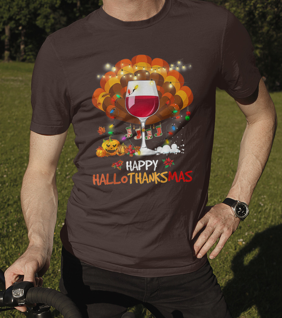 Happy Hallothanksmas Wine Glass Thanksgiving Funny Wine T-Shirt