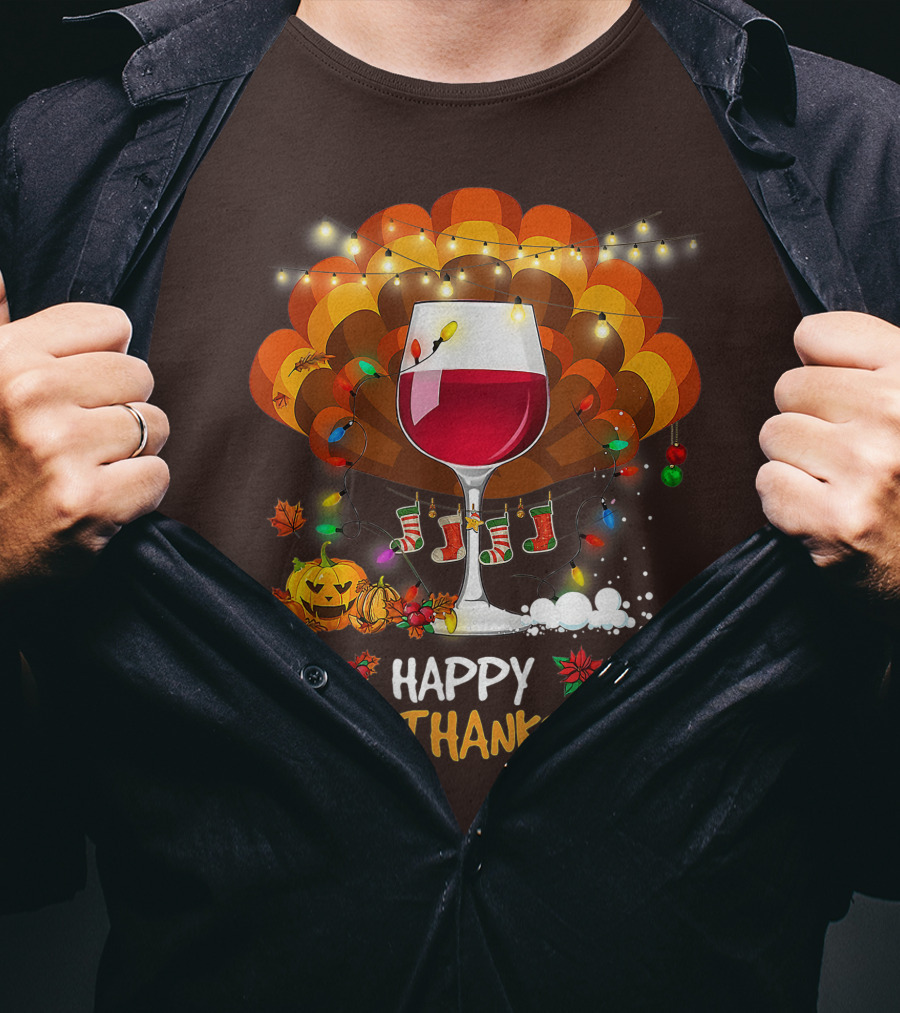 Happy Hallothanksmas Wine Glass Thanksgiving Funny Wine T-Shirt