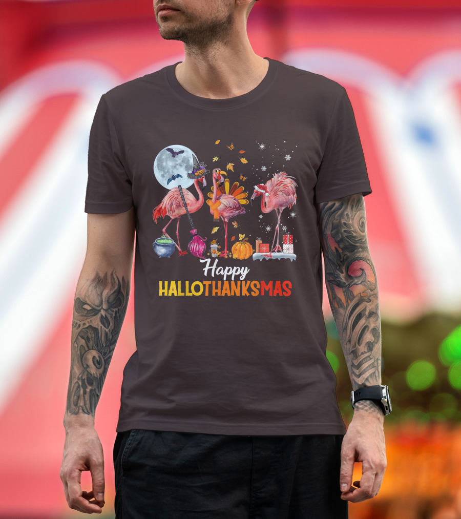 Happy Hallothanksmas Flamingo Halloween Merry Christmas T-Shirt