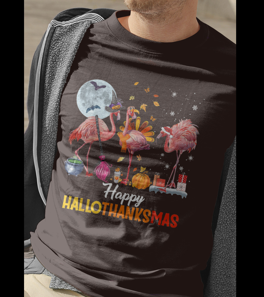 Happy Hallothanksmas Flamingo Halloween Merry Christmas T-Shirt