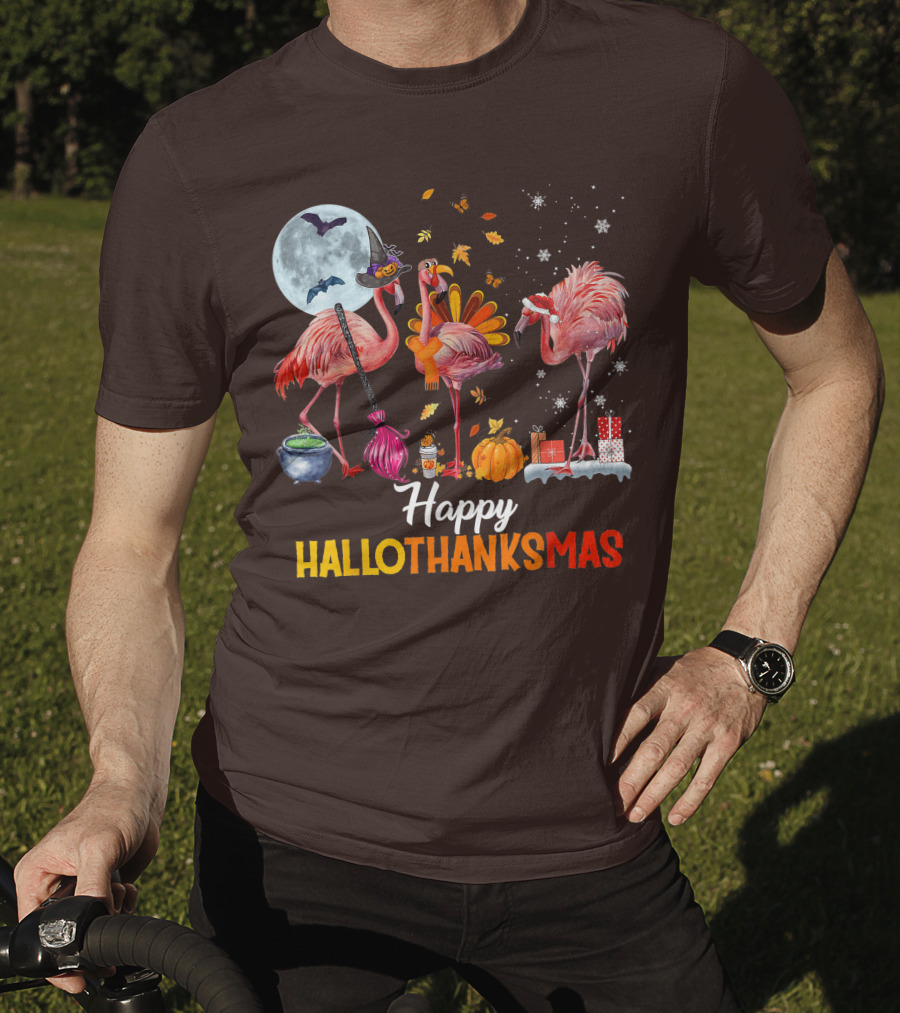 Happy Hallothanksmas Flamingo Halloween Merry Christmas T-Shirt
