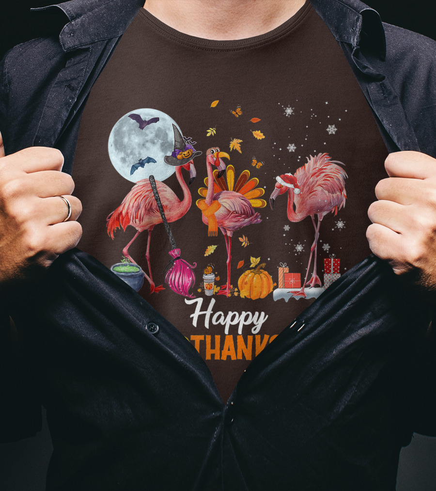 Happy Hallothanksmas Flamingo Halloween Merry Christmas T-Shirt