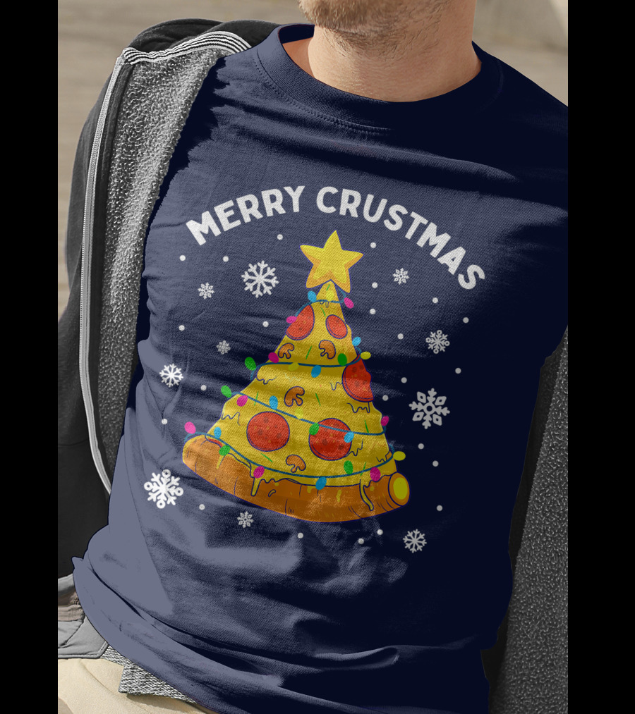 Merry Crustmas Pizza Christmas Tree With Cheese Garland And Snowflakes T-Shirt