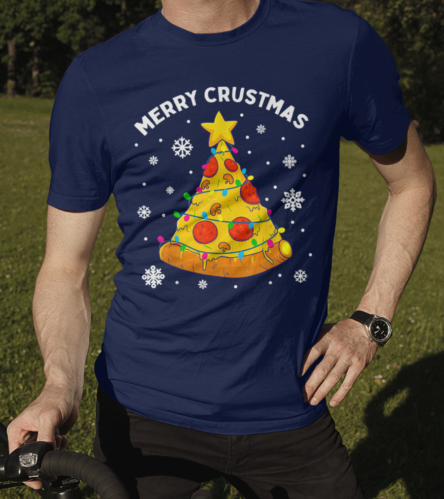 Merry Crustmas Pizza Christmas Tree With Cheese Garland And Snowflakes T-Shirt