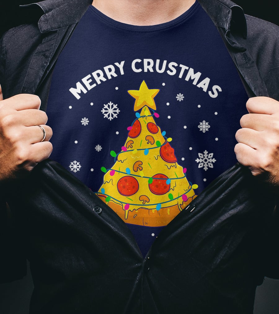Merry Crustmas Pizza Christmas Tree With Cheese Garland And Snowflakes T-Shirt