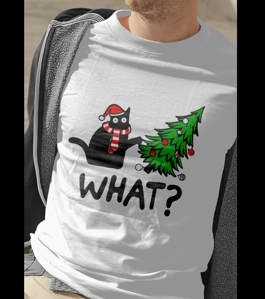 Funny Black Cat Santa Hat Pushing Over Christmas Tree What T-Shirt