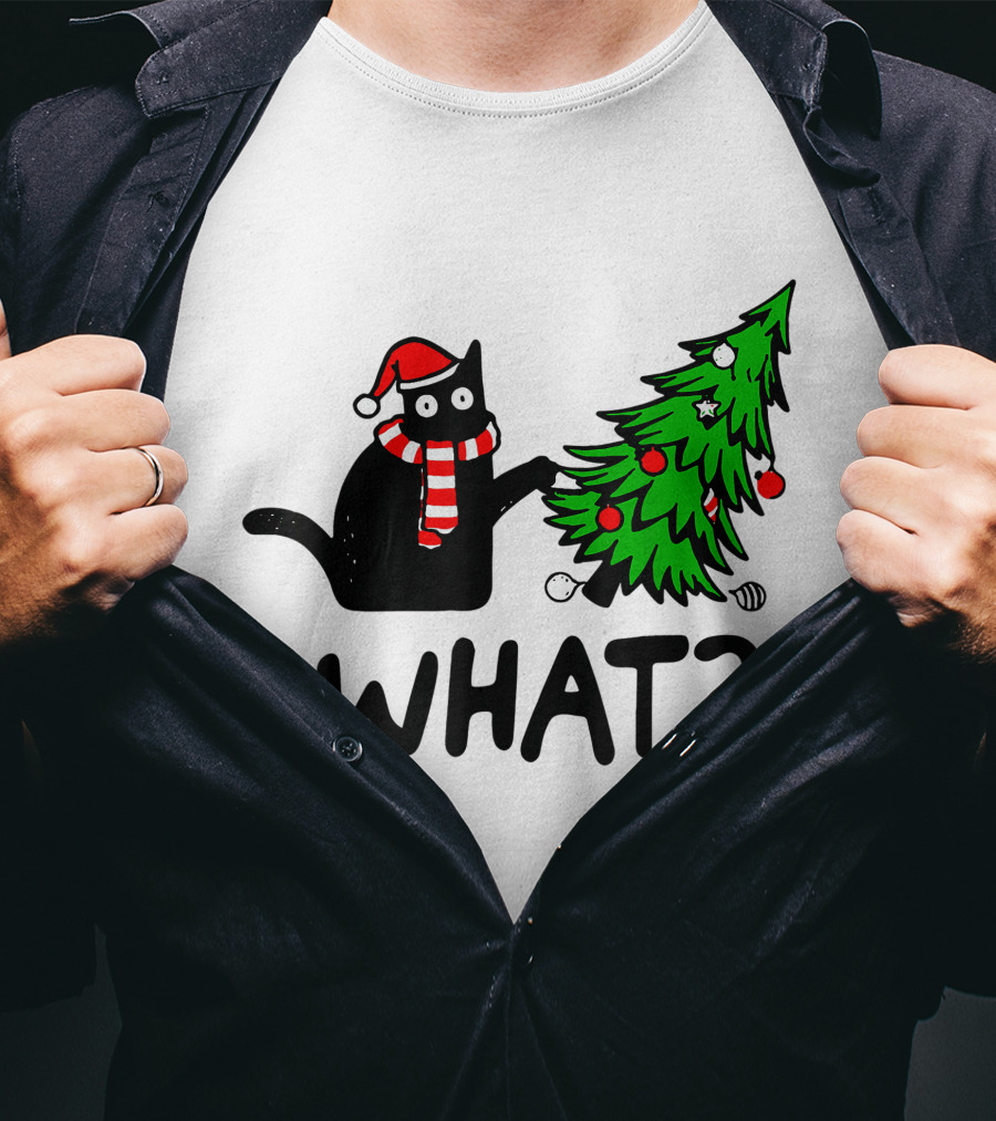 Funny Black Cat Santa Hat Pushing Over Christmas Tree What T-Shirt