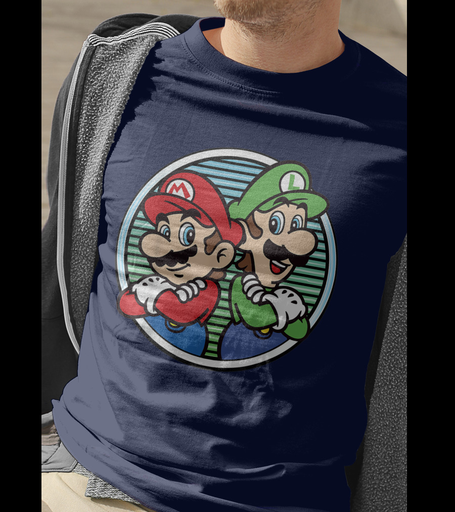Super Mario Luigi Back To Back Iconic Brothers Circular Retro Stripes T-Shirt