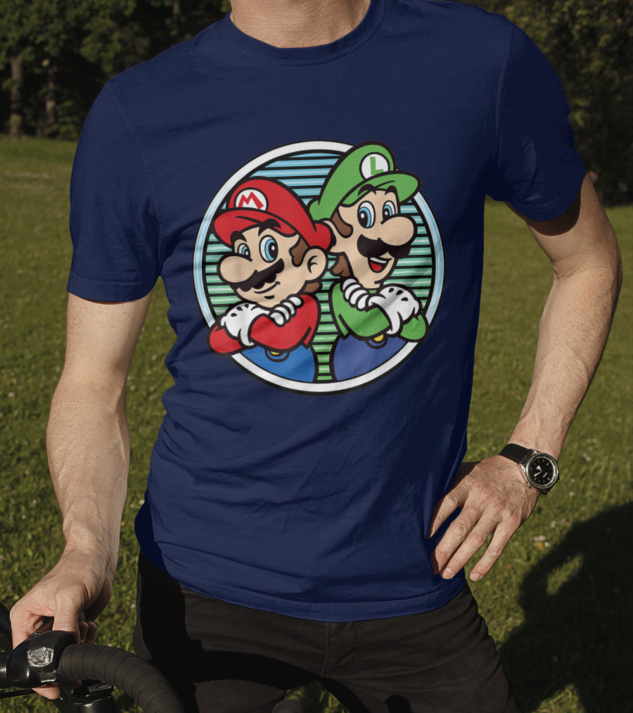 Super Mario Luigi Back To Back Iconic Brothers Circular Retro Stripes T-Shirt