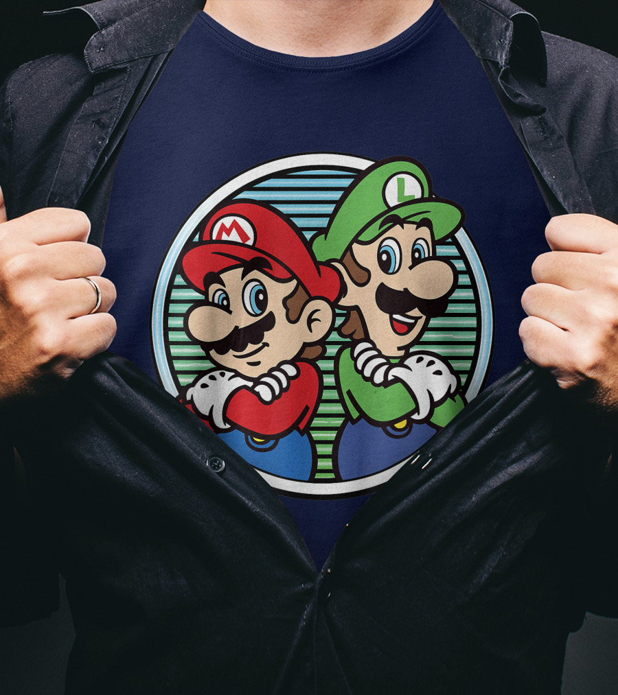 Super Mario Luigi Back To Back Iconic Brothers Circular Retro Stripes T-Shirt