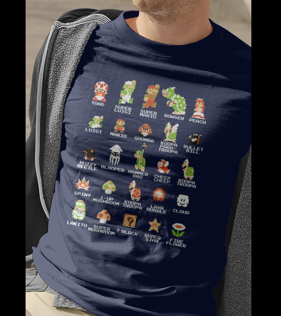 Super Mario 8 Bit Pixel Characters And Enemies List T-Shirt