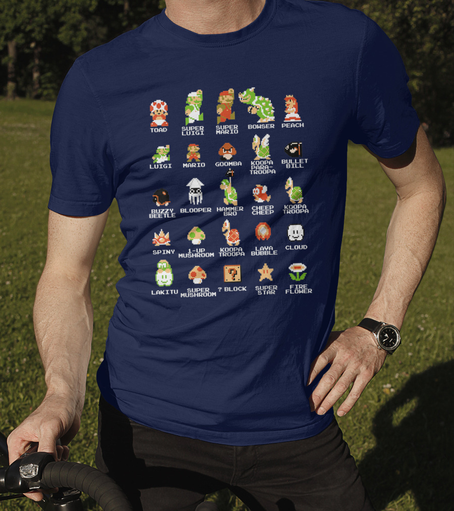 Super Mario 8 Bit Pixel Characters And Enemies List T-Shirt