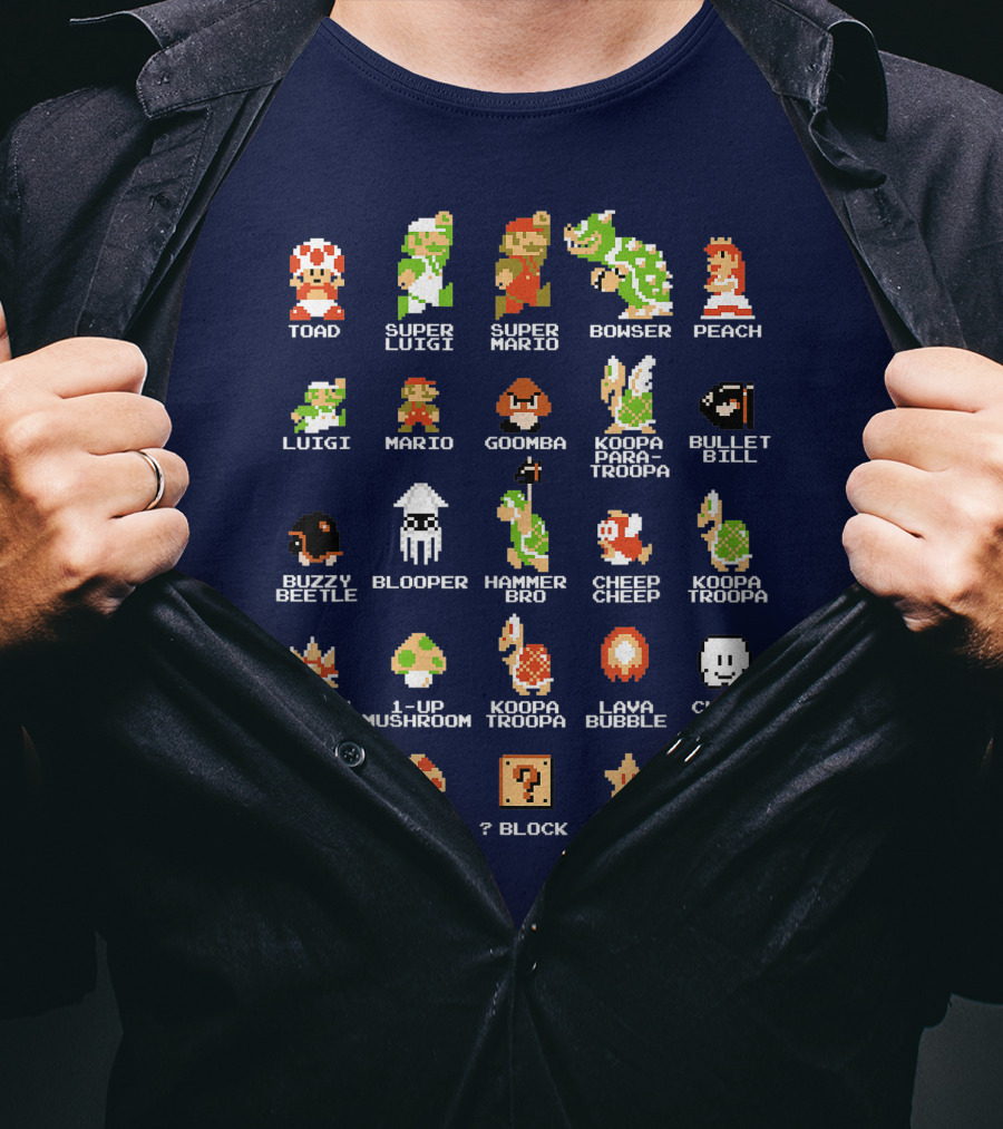 Super Mario 8 Bit Pixel Characters And Enemies List T-Shirt