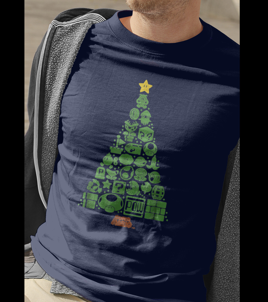 Super Mario Green Icon Christmas Tree With Star And Blocks T-Shirt