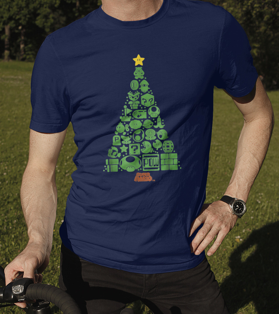 Super Mario Green Icon Christmas Tree With Star And Blocks T-Shirt