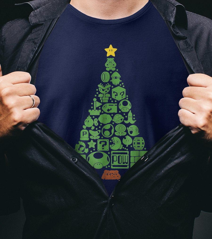 Super Mario Green Icon Christmas Tree With Star And Blocks T-Shirt