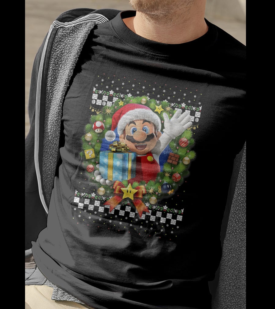 Super Mario Christmas Wreath Santa Present With Gift And Iconic Symbols T-Shirt