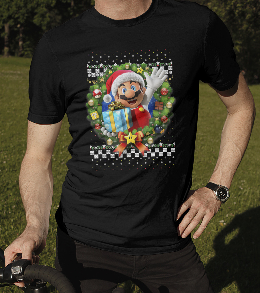 Super Mario Christmas Wreath Santa Present With Gift And Iconic Symbols T-Shirt