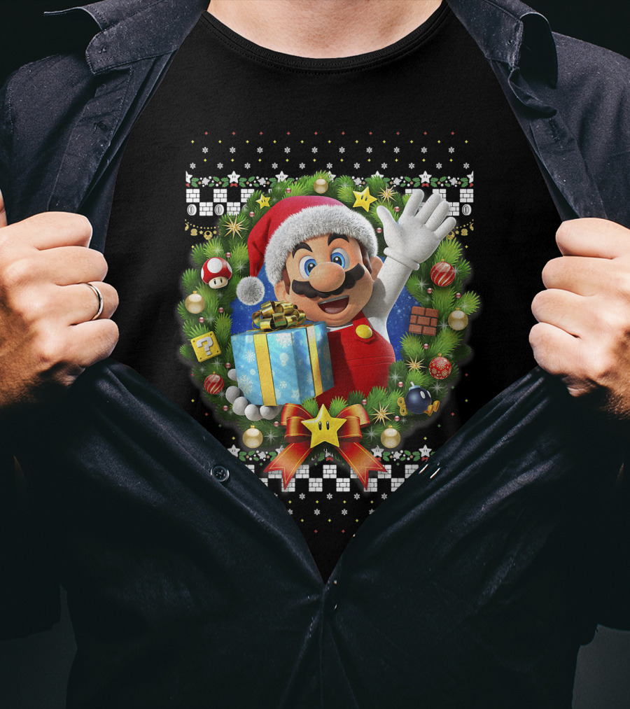 Super Mario Christmas Wreath Santa Present With Gift And Iconic Symbols T-Shirt
