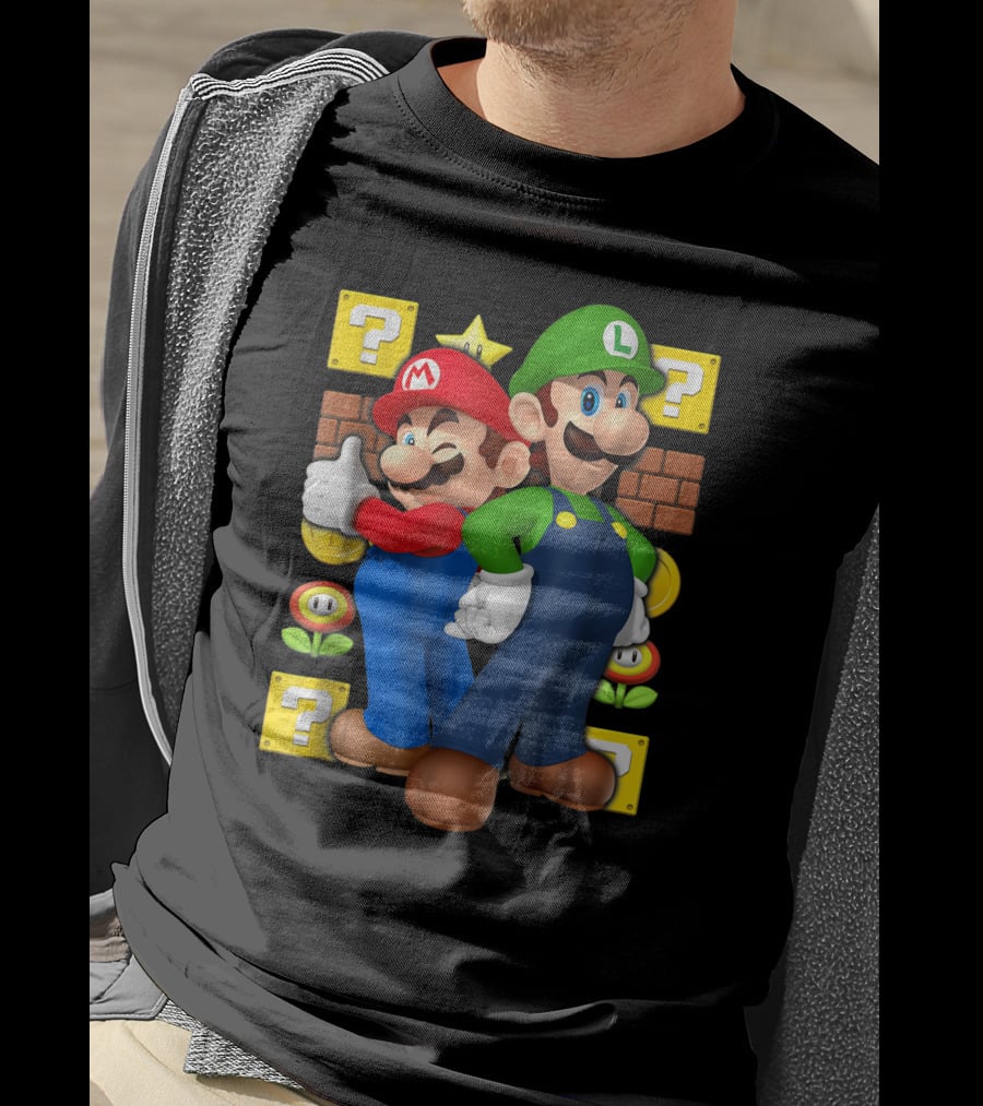Super Mario Brothers Mario And Luigi With Question Blocks And Power-Up Icons T-Shirt
