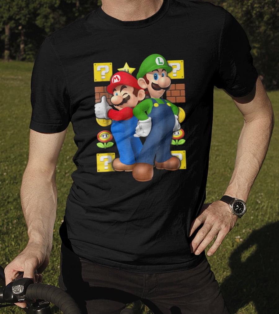 Super Mario Brothers Mario And Luigi With Question Blocks And Power-Up Icons T-Shirt
