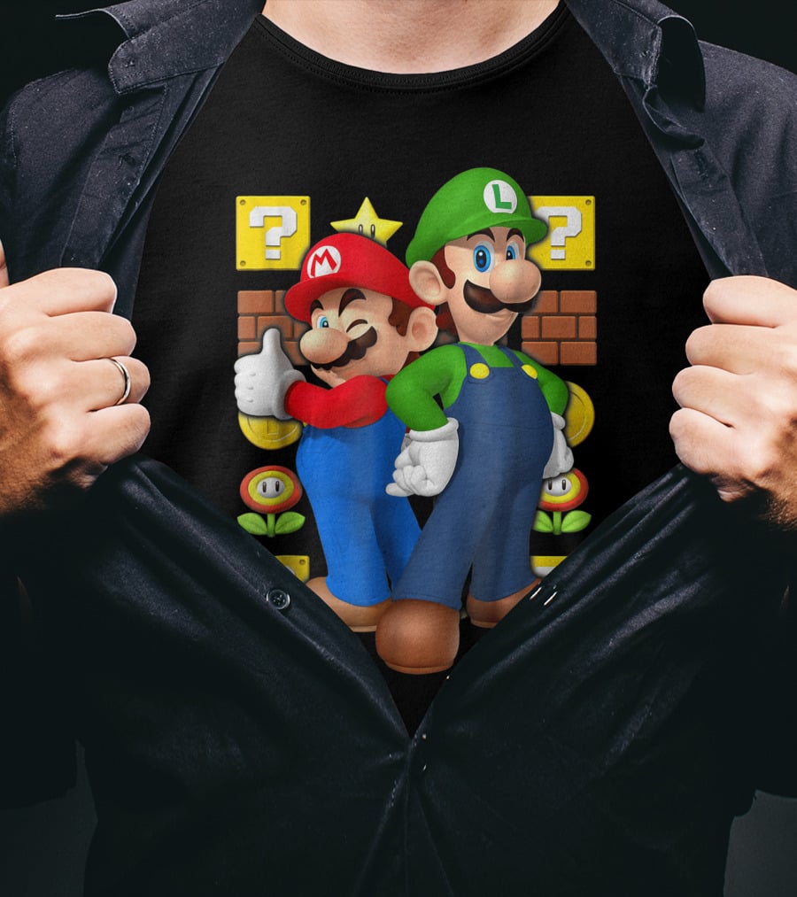 Super Mario Brothers Mario And Luigi With Question Blocks And Power-Up Icons T-Shirt