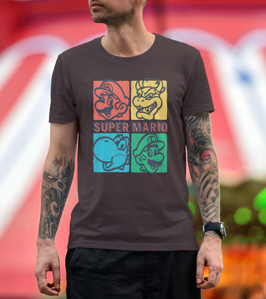 Super Mario Bowser Yoshi Luigi Distressed Square Group Shot T-Shirt