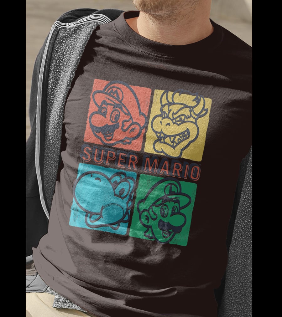 Super Mario Bowser Yoshi Luigi Distressed Square Group Shot T-Shirt