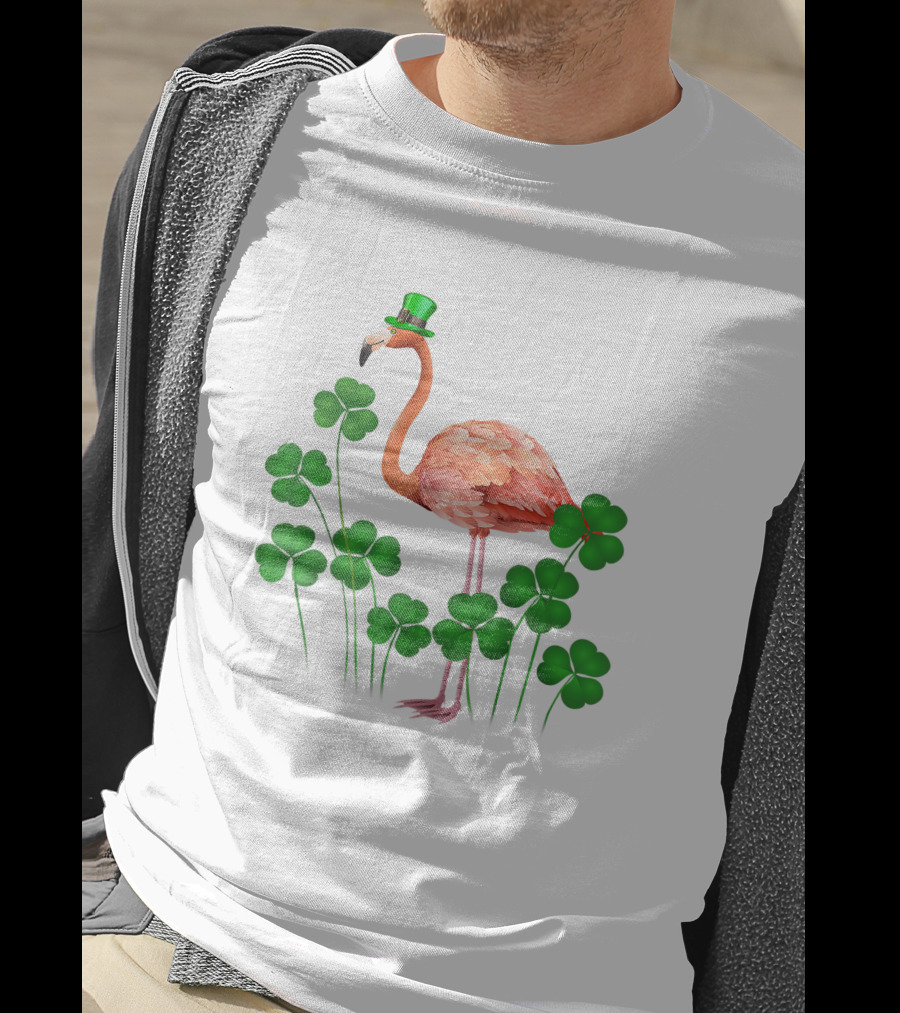 Flamingo With Shamrocks And Leprechaun Hat T-Shirt
