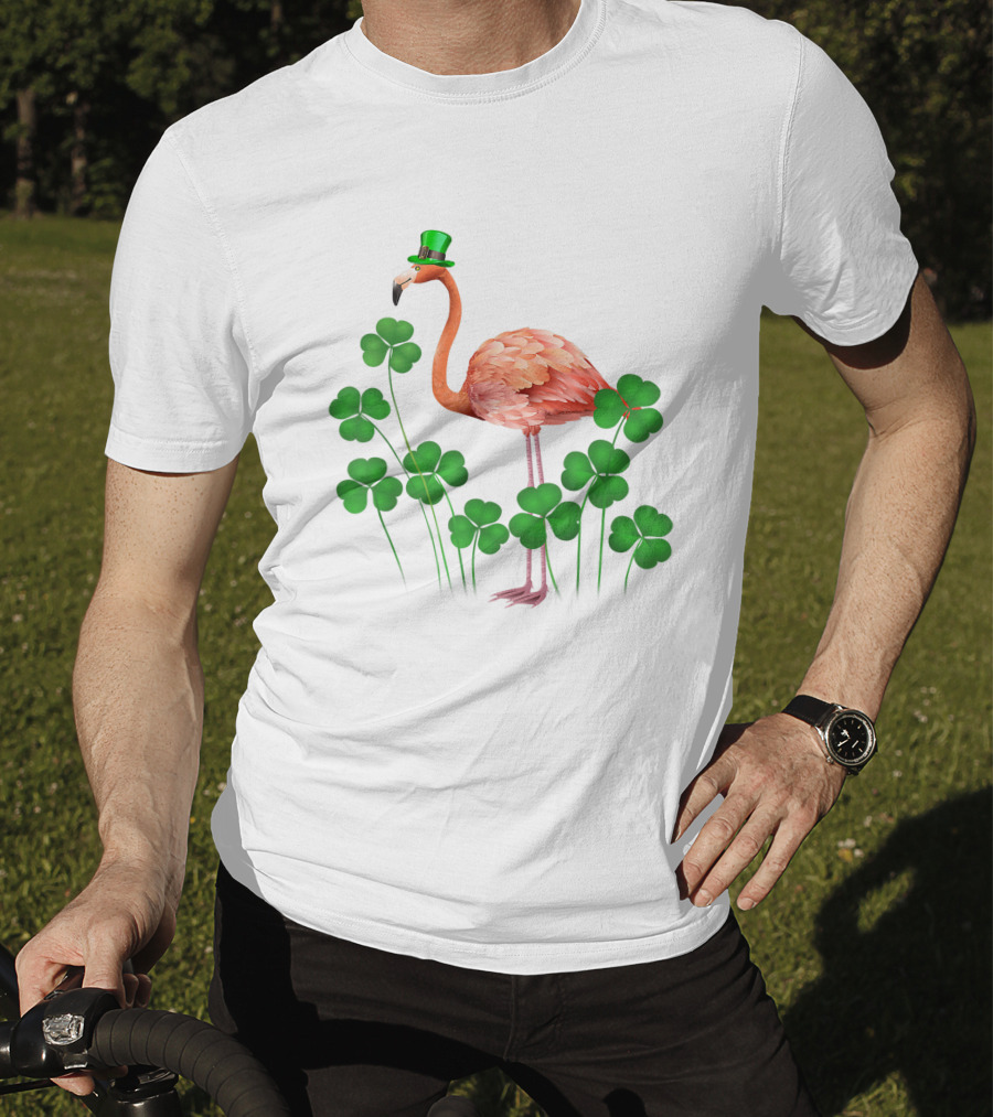 Flamingo With Shamrocks And Leprechaun Hat T-Shirt