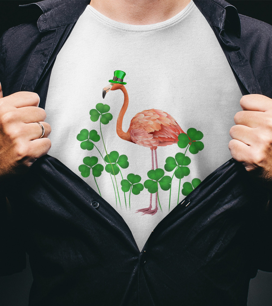 Flamingo With Shamrocks And Leprechaun Hat T-Shirt