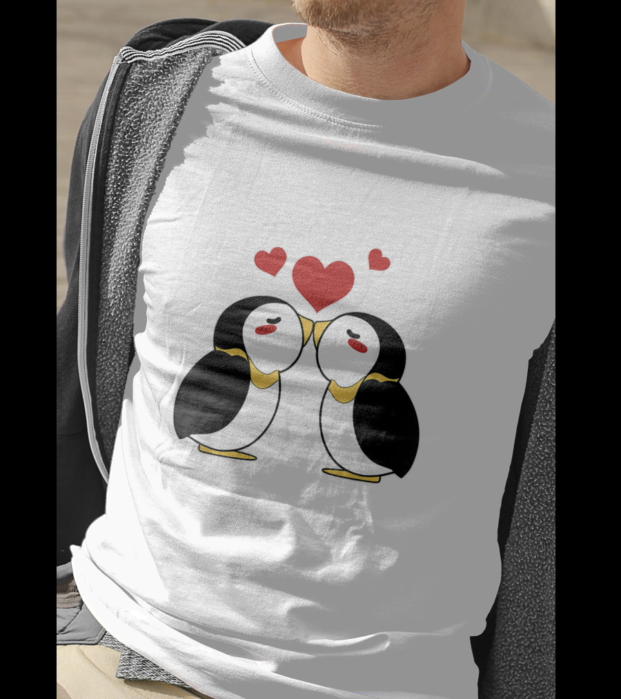 Cute Penguin Lovers Kissing With Hearts Above T-Shirt