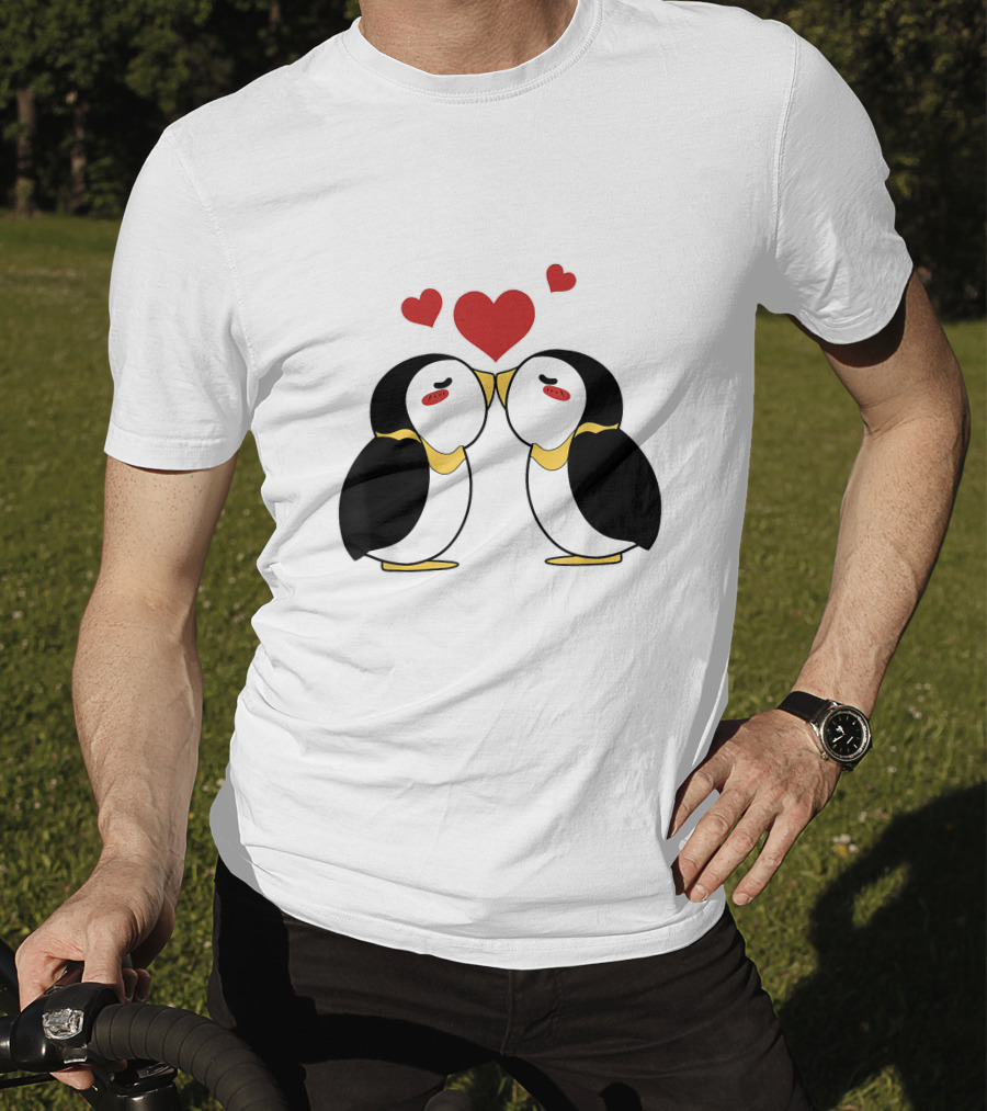 Cute Penguin Lovers Kissing With Hearts Above T-Shirt