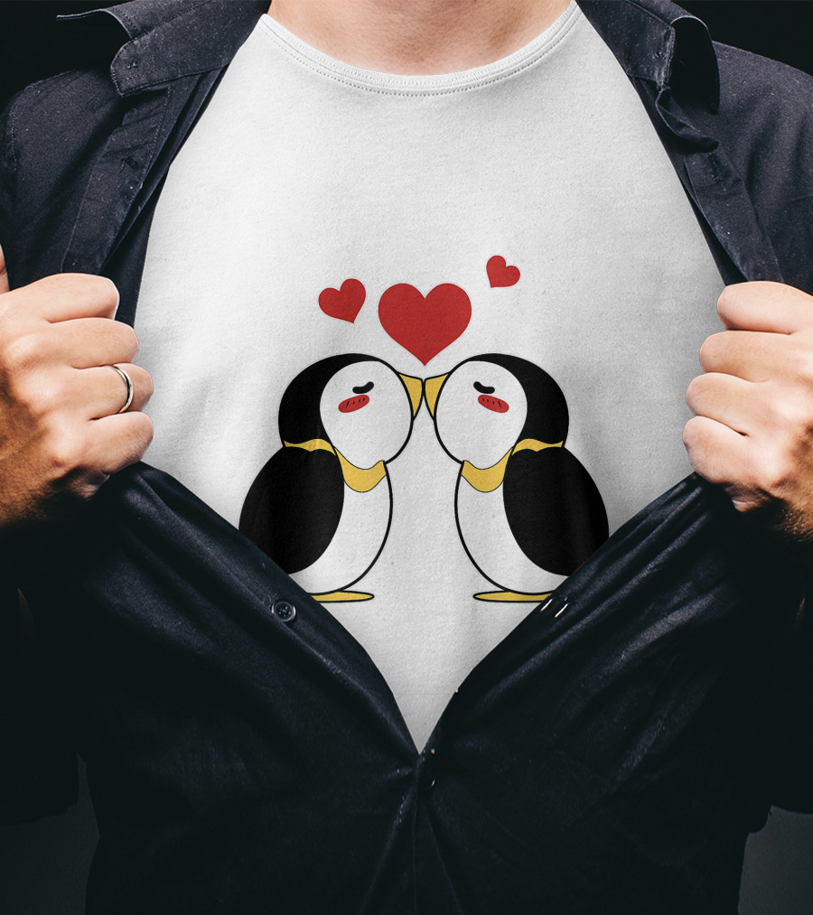 Cute Penguin Lovers Kissing With Hearts Above T-Shirt