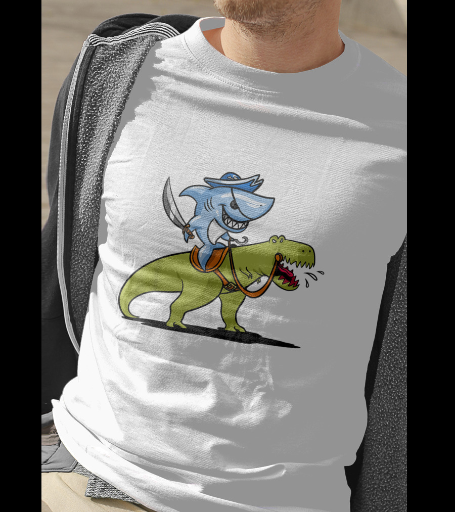 Shark Pirate Riding T-Rex Dinosaur Adventure T-Shirt