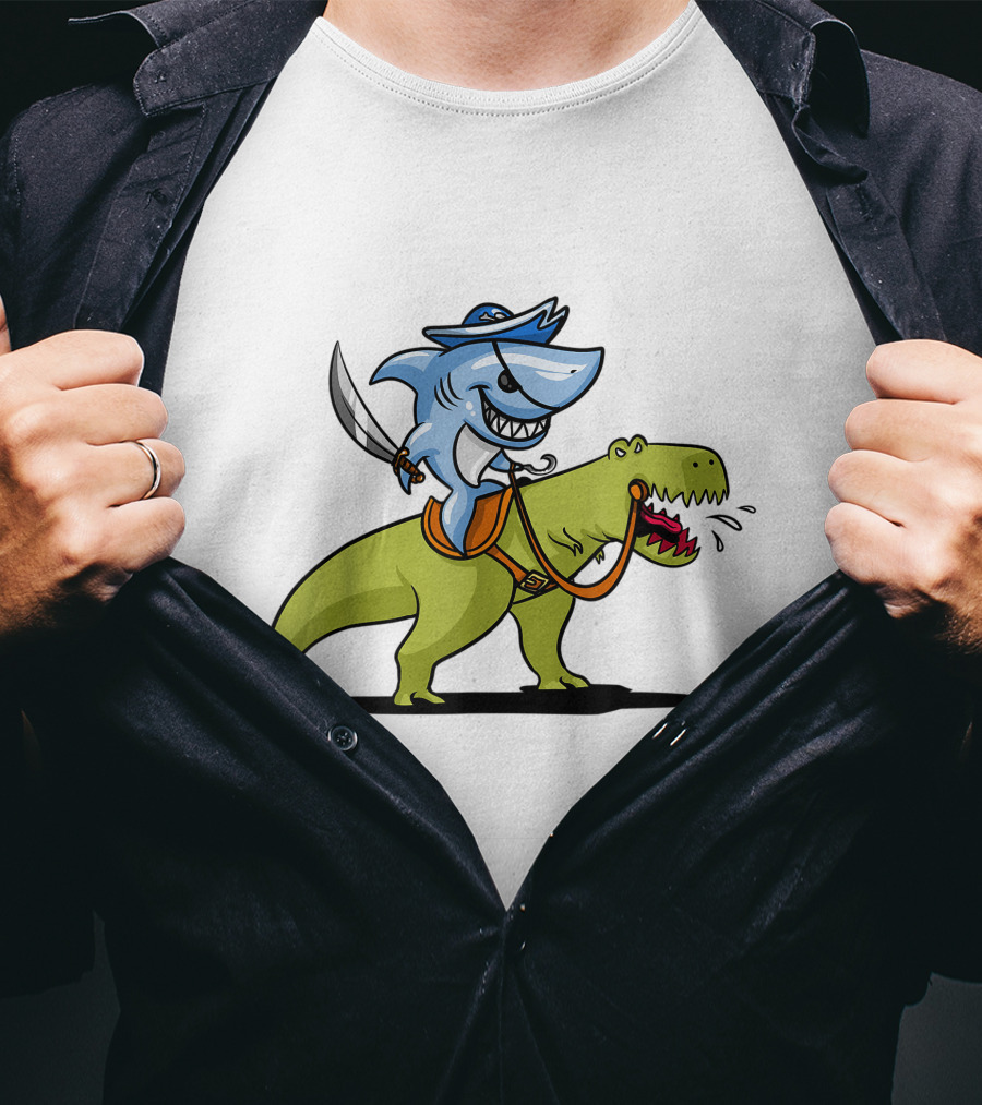 Shark Pirate Riding T-Rex Dinosaur Adventure T-Shirt
