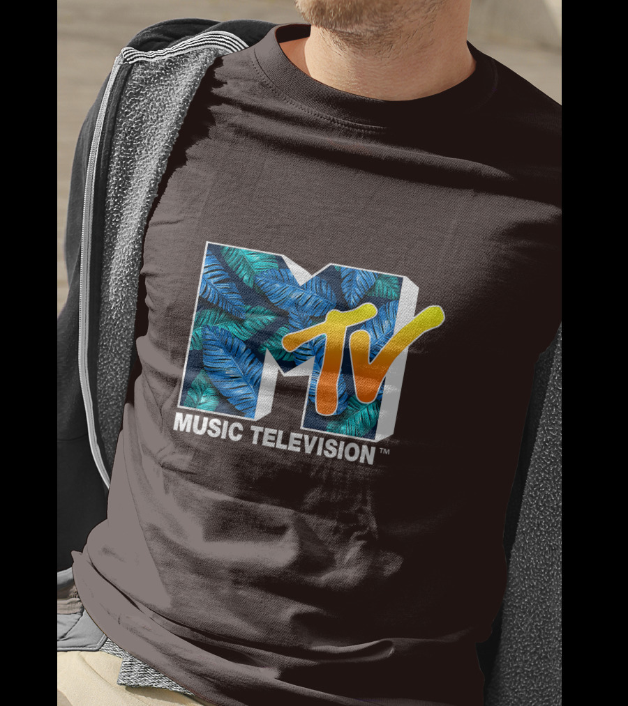 MTV Music Television Blue Green Tropical Leaf Fill T-Shirt